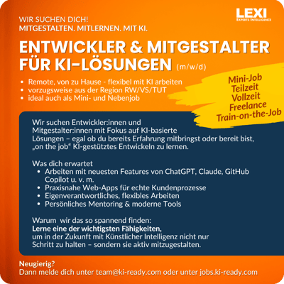 KI-READY Jobs - KI-Entwickler - erfahren und train-on-the-job - mehr unter jobs.ki-ready.com KI-READY Jobs - KI-Entwickler - erfahren und train-on-the-job - mehr unter jobs.ki-ready.com
